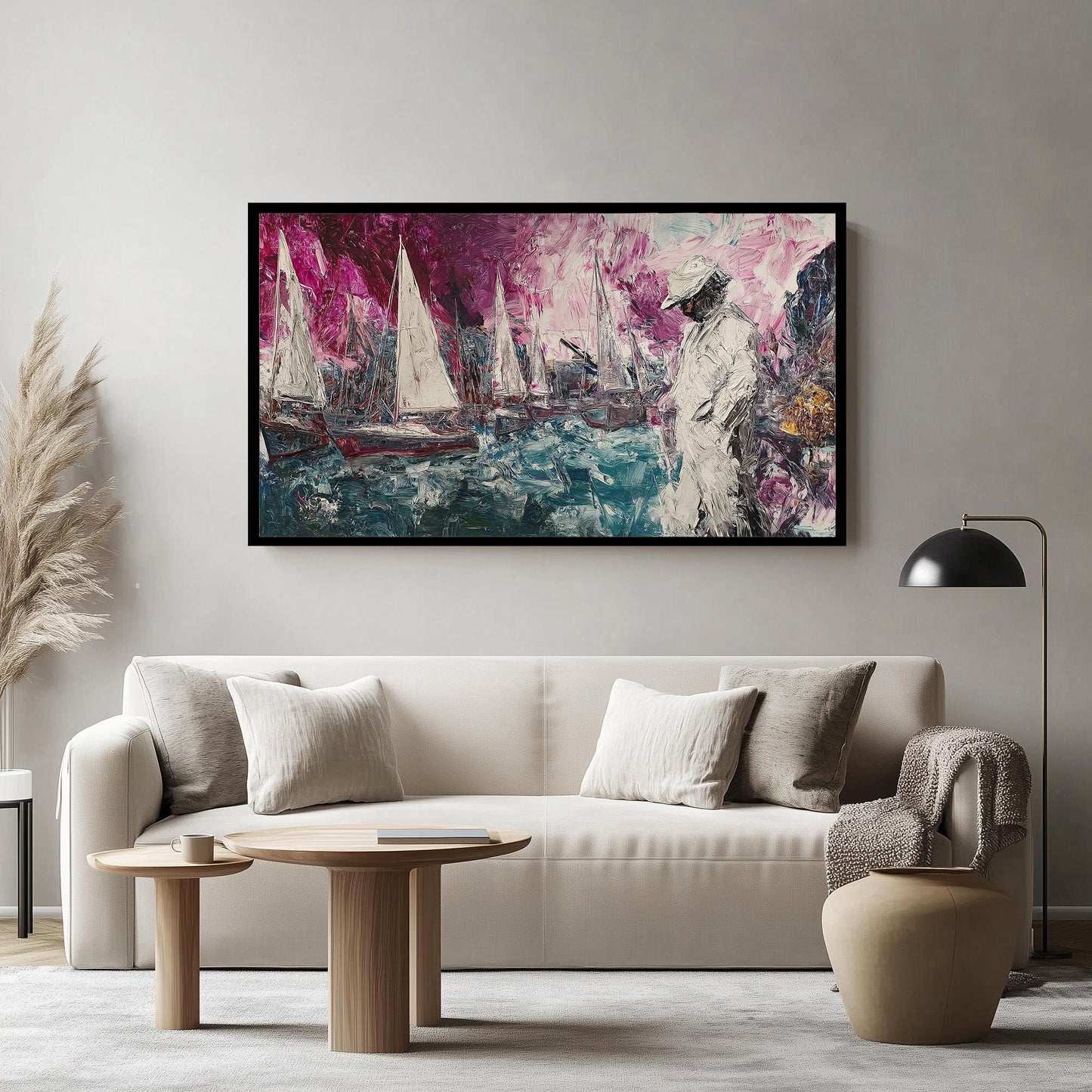 Impressionist Nautical Wall Art with Sailboats and Figure  Textured Abstract Canvas Painting  Vibrant Coastal Artwork for Home Décor