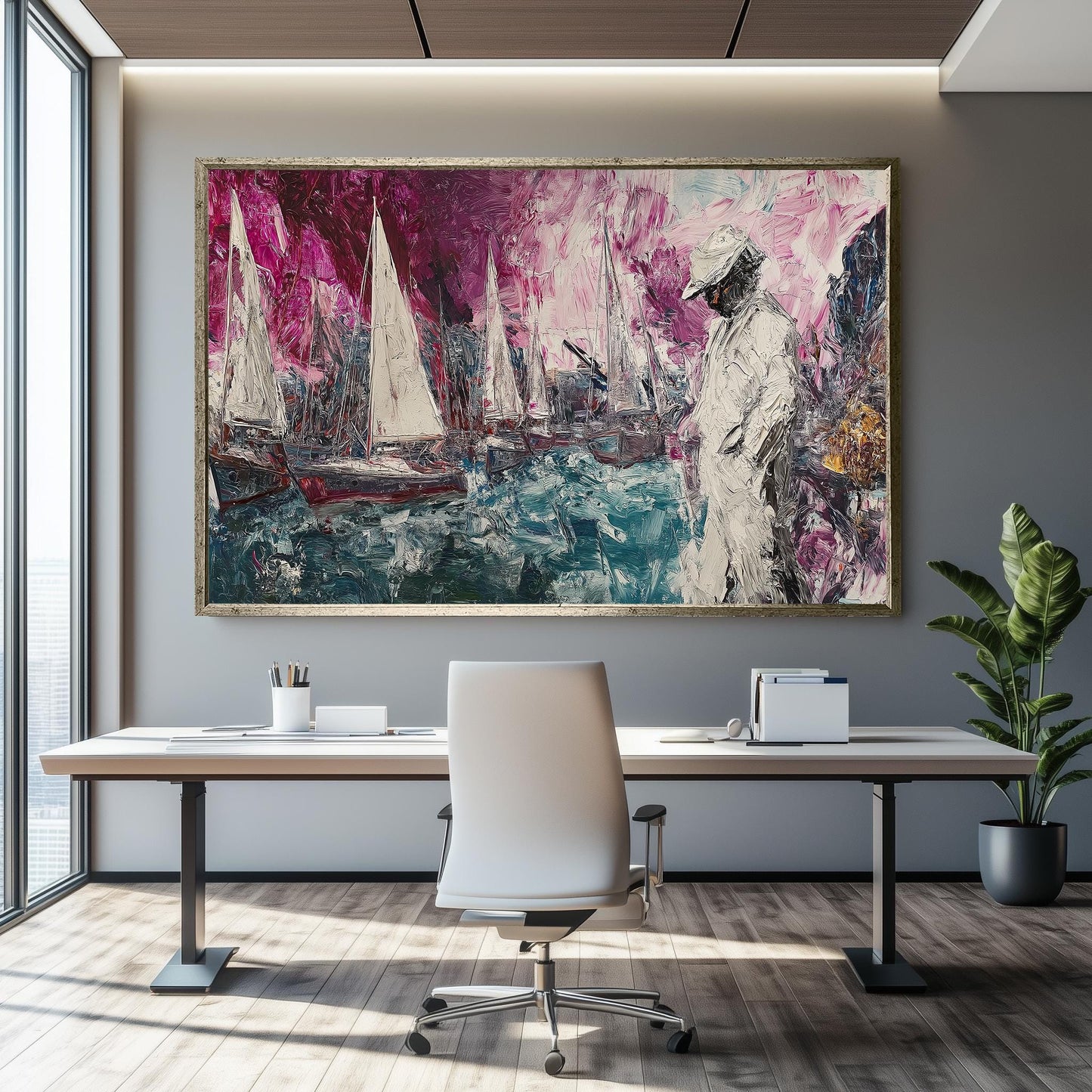 Impressionist Nautical Wall Art with Sailboats and Figure  Textured Abstract Canvas Painting  Vibrant Coastal Artwork for Home Décor