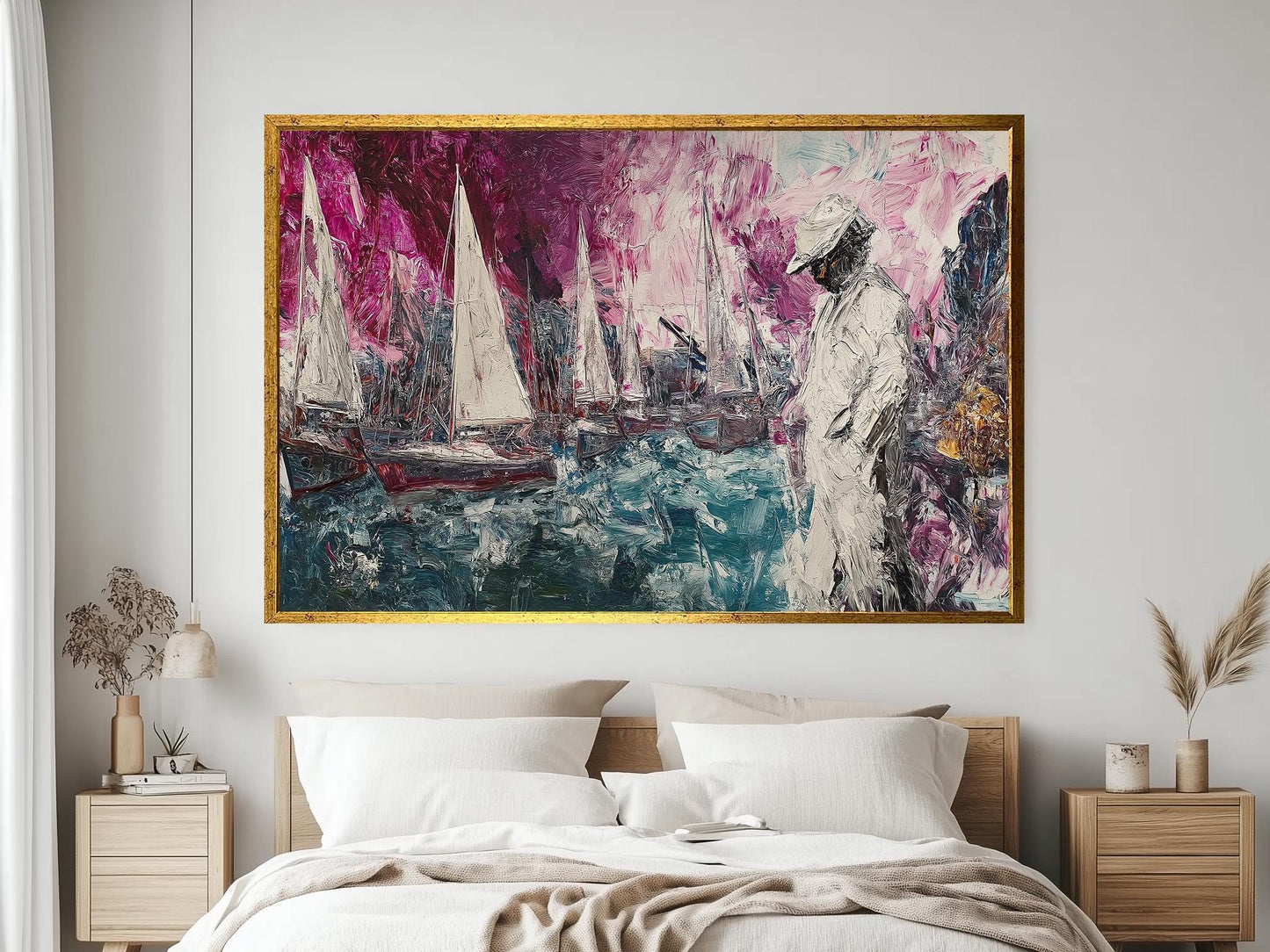 Impressionist Nautical Wall Art with Sailboats and Figure  Textured Abstract Canvas Painting  Vibrant Coastal Artwork for Home Décor