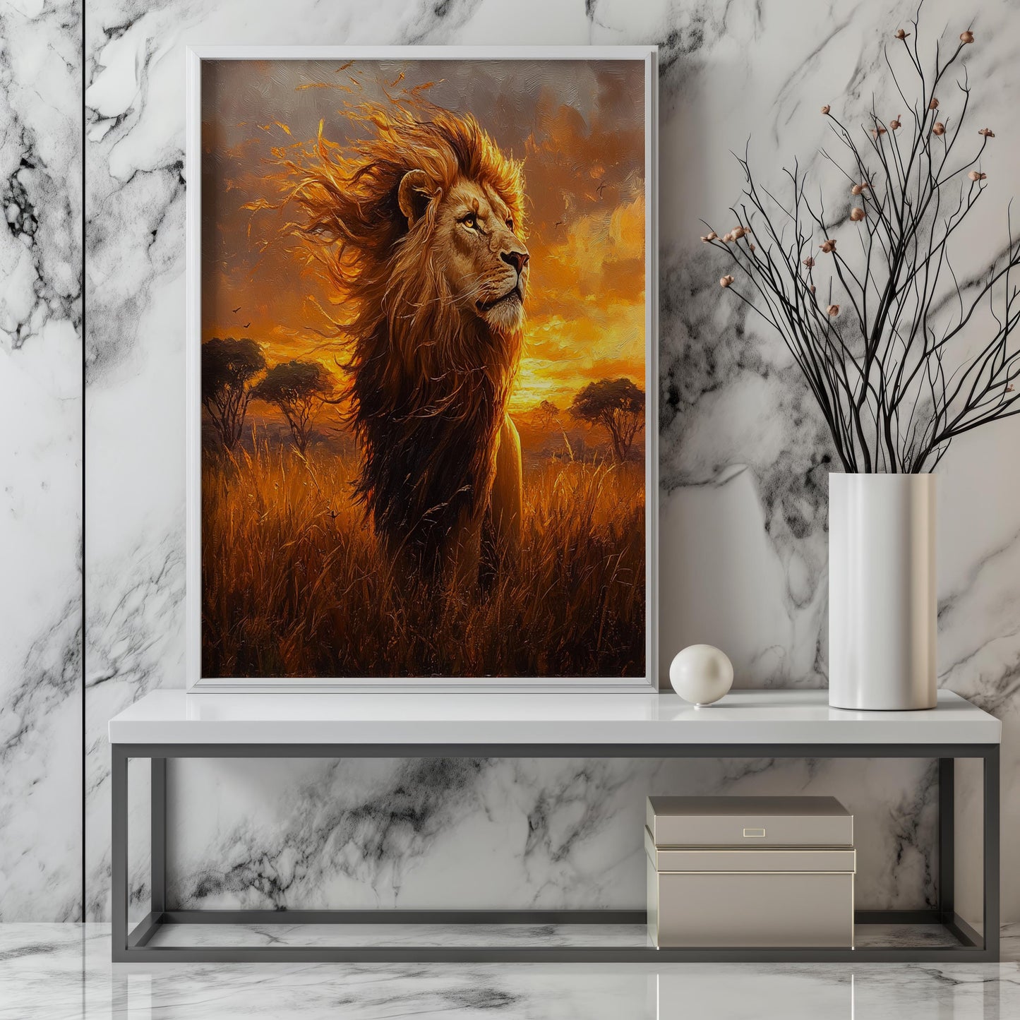 Lion King Wall Art | African Sunset Canvas Print | Safari Animal Wall Decor | Majestic Wildlife Painting | Animal Portrait Canvas Print