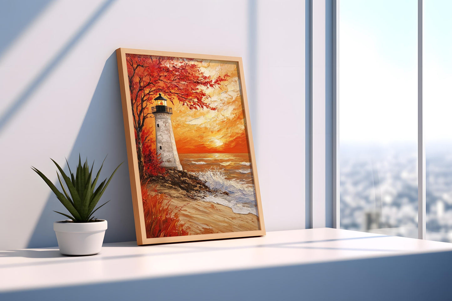 Lighthouse Canvas Wall Art | Autumn Sunset with Vibrant Red Tree | Textured Coastal Painting | Ready to Hang | Sunset Seascape Print