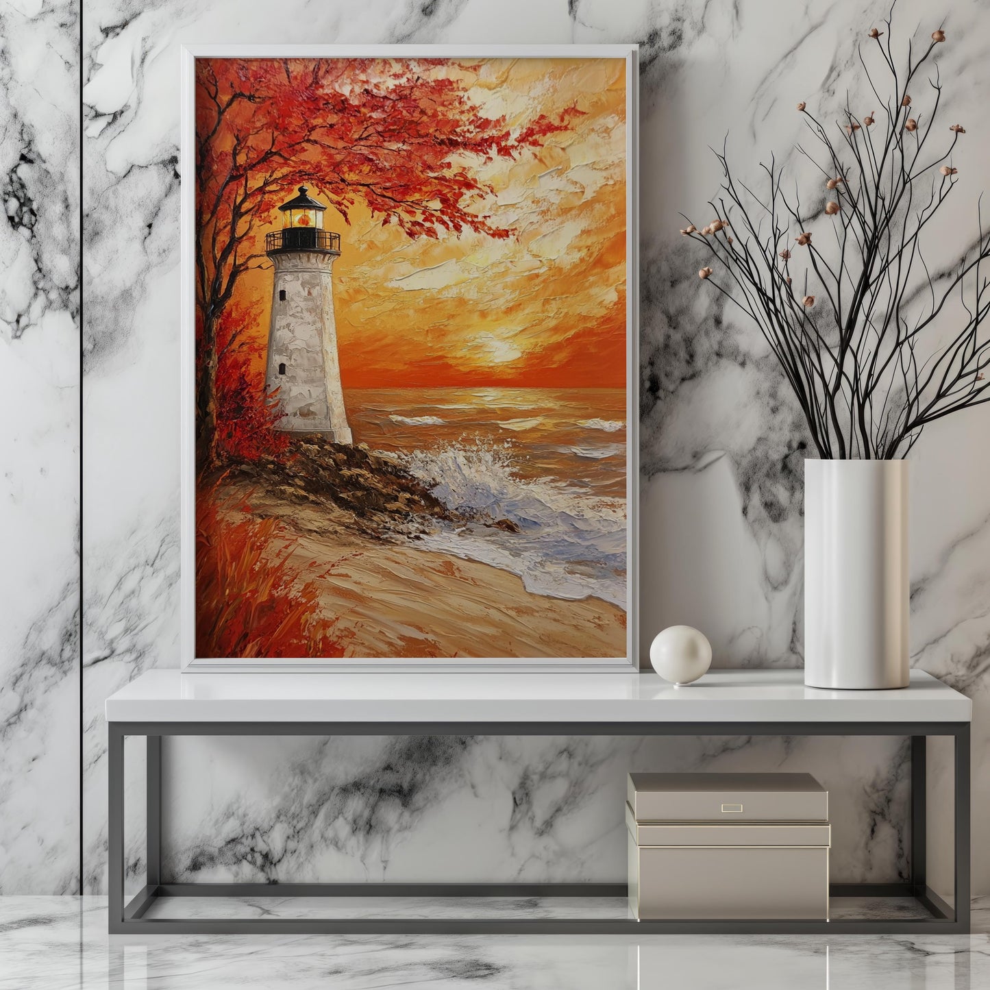 Lighthouse Canvas Wall Art | Autumn Sunset with Vibrant Red Tree | Textured Coastal Painting | Ready to Hang | Sunset Seascape Print