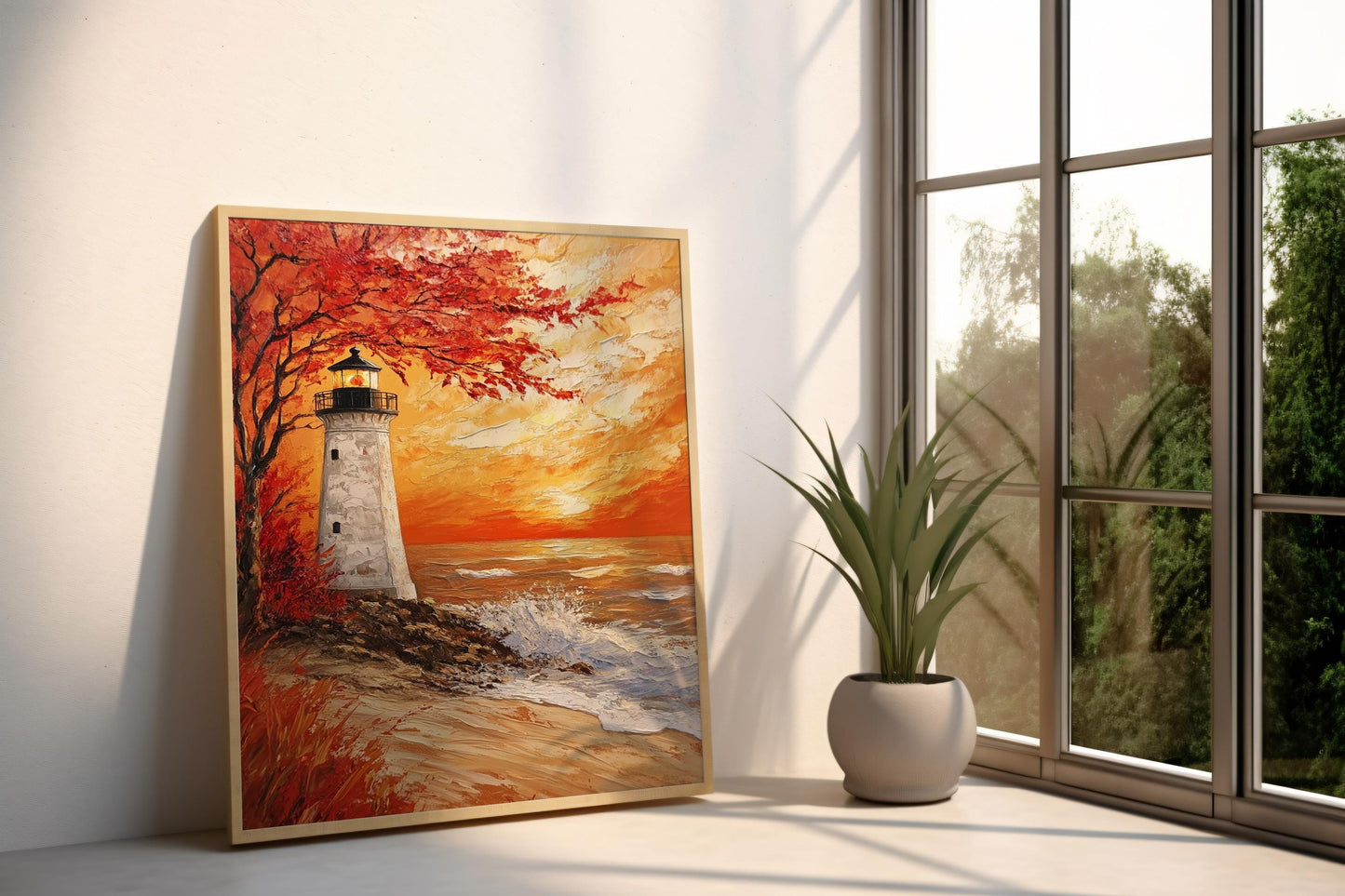 Lighthouse Canvas Wall Art | Autumn Sunset with Vibrant Red Tree | Textured Coastal Painting | Ready to Hang | Sunset Seascape Print