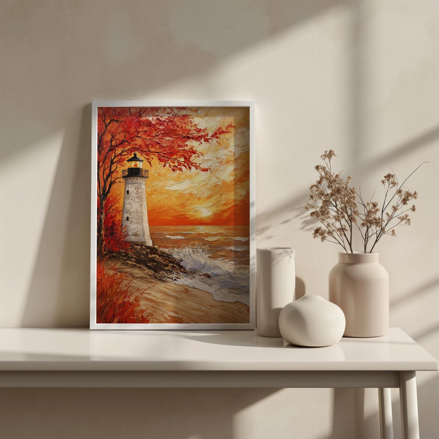 Lighthouse Canvas Wall Art | Autumn Sunset with Vibrant Red Tree | Textured Coastal Painting | Ready to Hang | Sunset Seascape Print