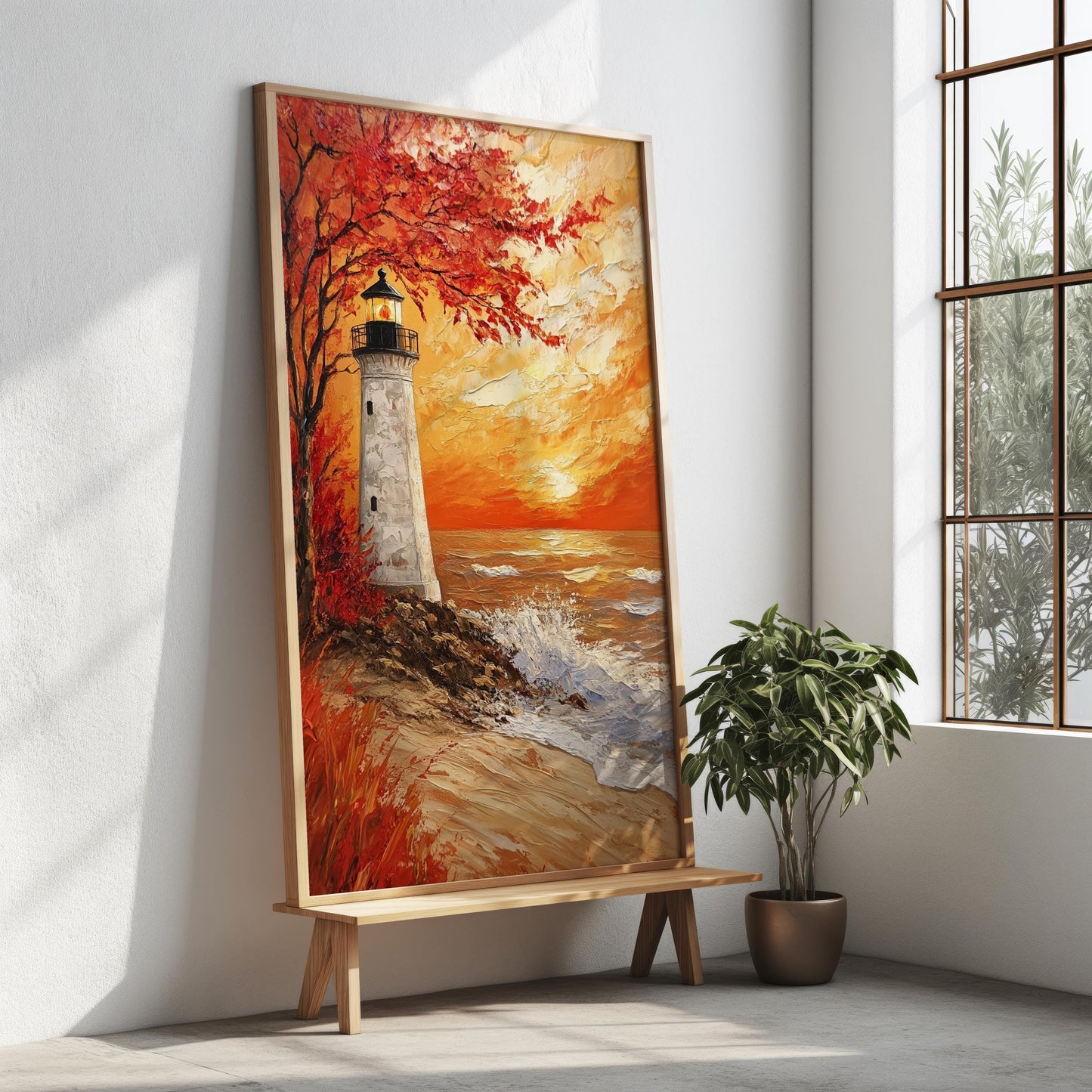 Lighthouse Canvas Wall Art | Autumn Sunset with Vibrant Red Tree | Textured Coastal Painting | Ready to Hang | Sunset Seascape Print