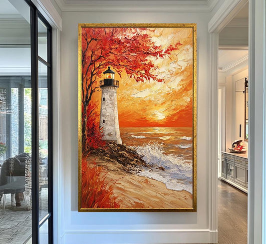 Lighthouse Canvas Wall Art | Autumn Sunset with Vibrant Red Tree | Textured Coastal Painting | Ready to Hang | Sunset Seascape Print