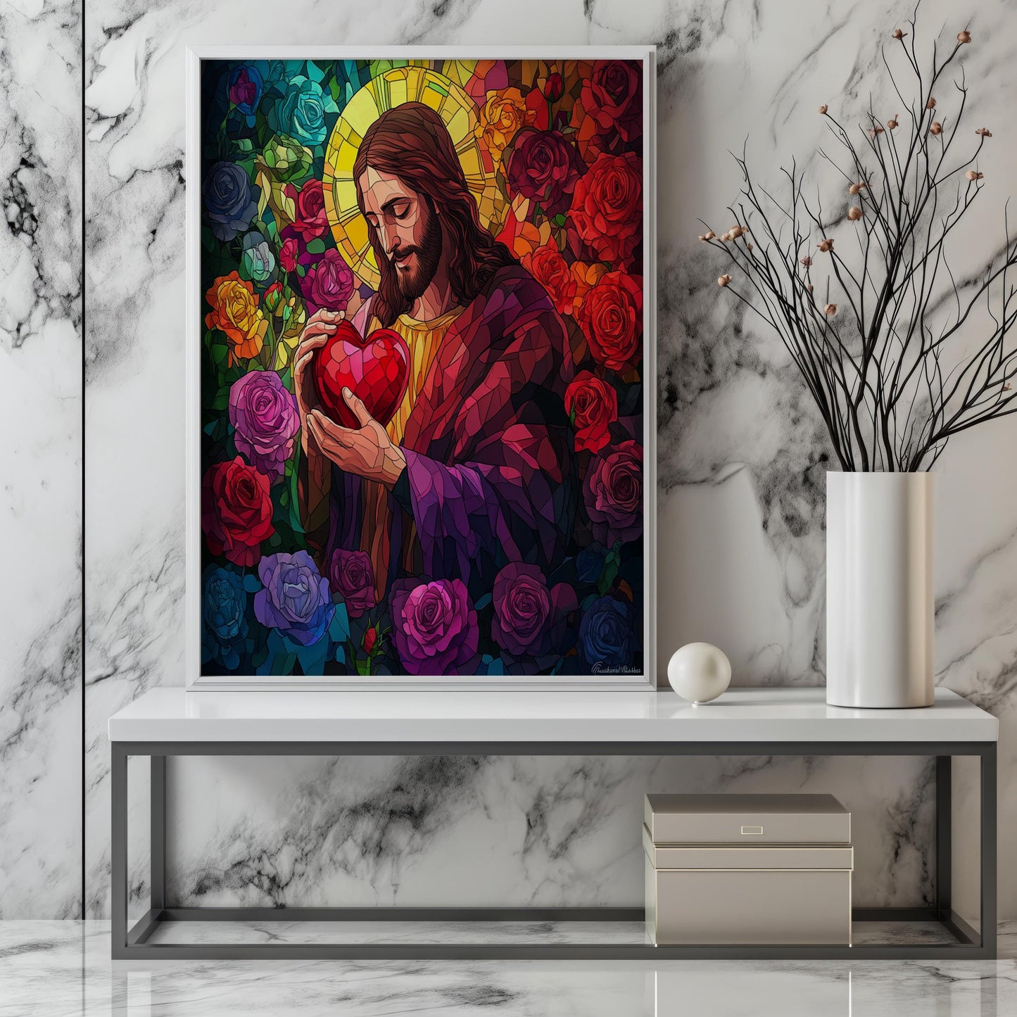 Sacred Heart of Jesus Canvas Wall Art | Vibrant Stained Glass Design | Religious Christian Artwork | Ready to Hang | Jesus Wall Art