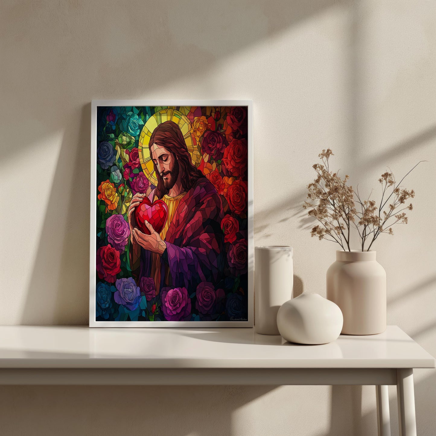 Sacred Heart of Jesus Canvas Wall Art | Vibrant Stained Glass Design | Religious Christian Artwork | Ready to Hang | Jesus Wall Art