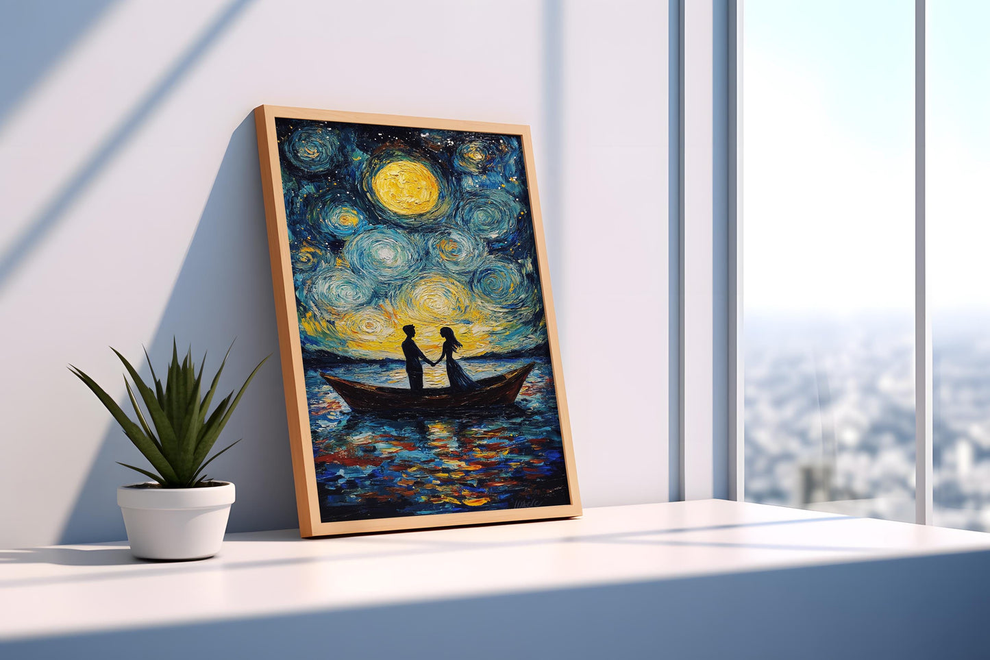 Starry Night Couple Canvas Wall Art | Romantic Boat Scene Under Moonlight | Textured Love Painting | Ready to Hang | Night Love Canvas Art