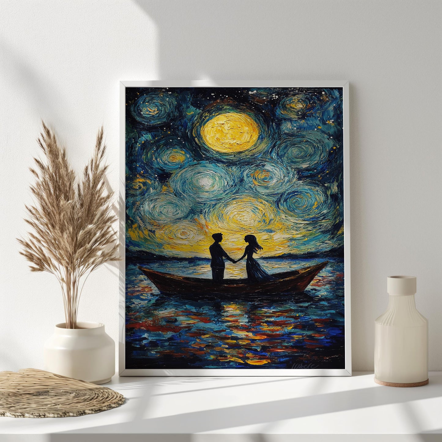 Starry Night Couple Canvas Wall Art | Romantic Boat Scene Under Moonlight | Textured Love Painting | Ready to Hang | Night Love Canvas Art