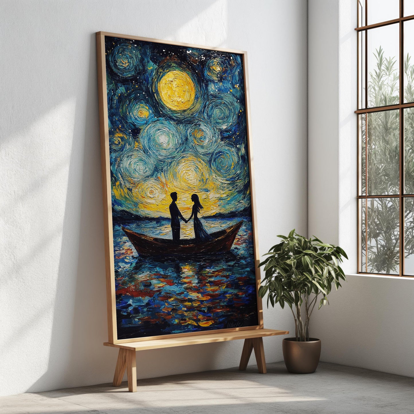 Starry Night Couple Canvas Wall Art | Romantic Boat Scene Under Moonlight | Textured Love Painting | Ready to Hang | Night Love Canvas Art