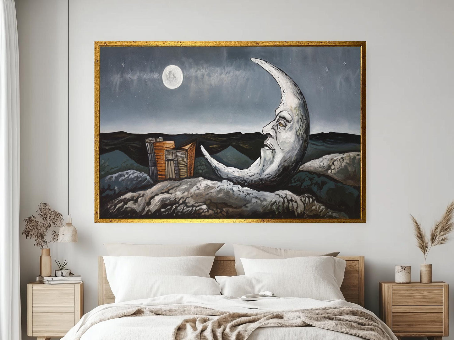 Surreal Moon Face Painting, Dreamlike Night Sky Wall Art, Mystical Landscape Print, Whimsical Celestial Decor, Fantasy Moon Artwork