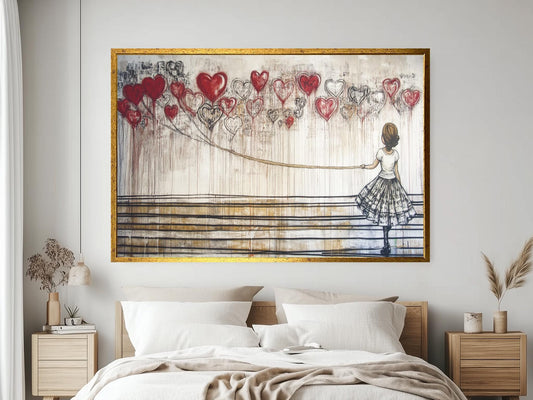 Girl with Heart Balloons Wall Art, Romantic Modern Painting, Whimsical Love Artwork, Emotional Street Art Style, Heart Balloon Decor