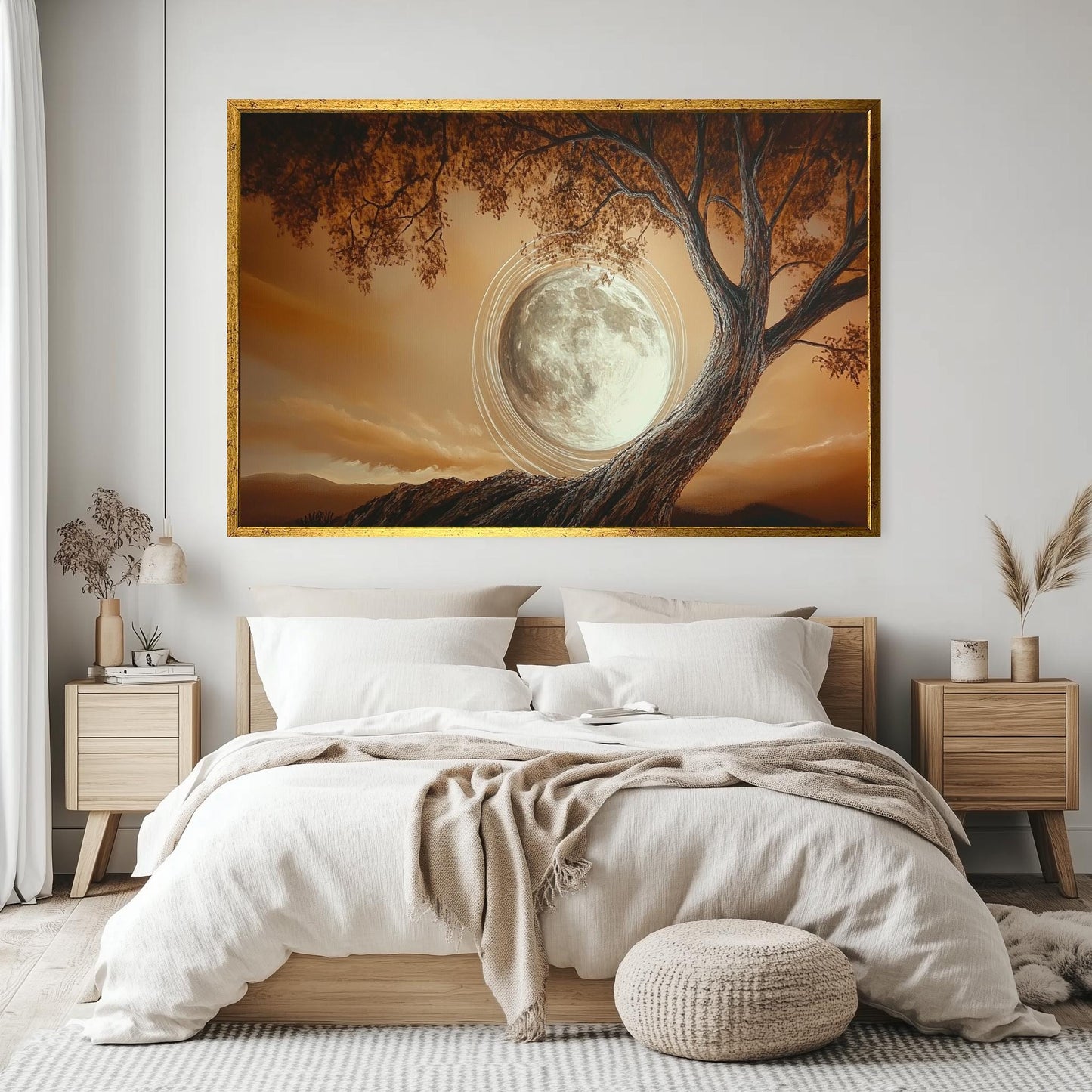 Enchanted Full Moon Tree Art, Mystical Nature Wall Decor, Earthy Toned Landscape Painting, Serene Moonlit Artwork, Dreamy Night Sky