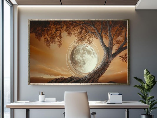 Enchanted Full Moon Tree Art, Mystical Nature Wall Decor, Earthy Toned Landscape Painting, Serene Moonlit Artwork, Dreamy Night Sky