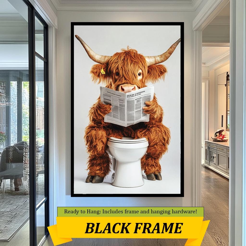 Funny Highland Cow Bathroom Art, Quirky Cow on Toilet Print, Whimsical Animal Wall Decor, Farmhouse Bathroom Humor Artwork