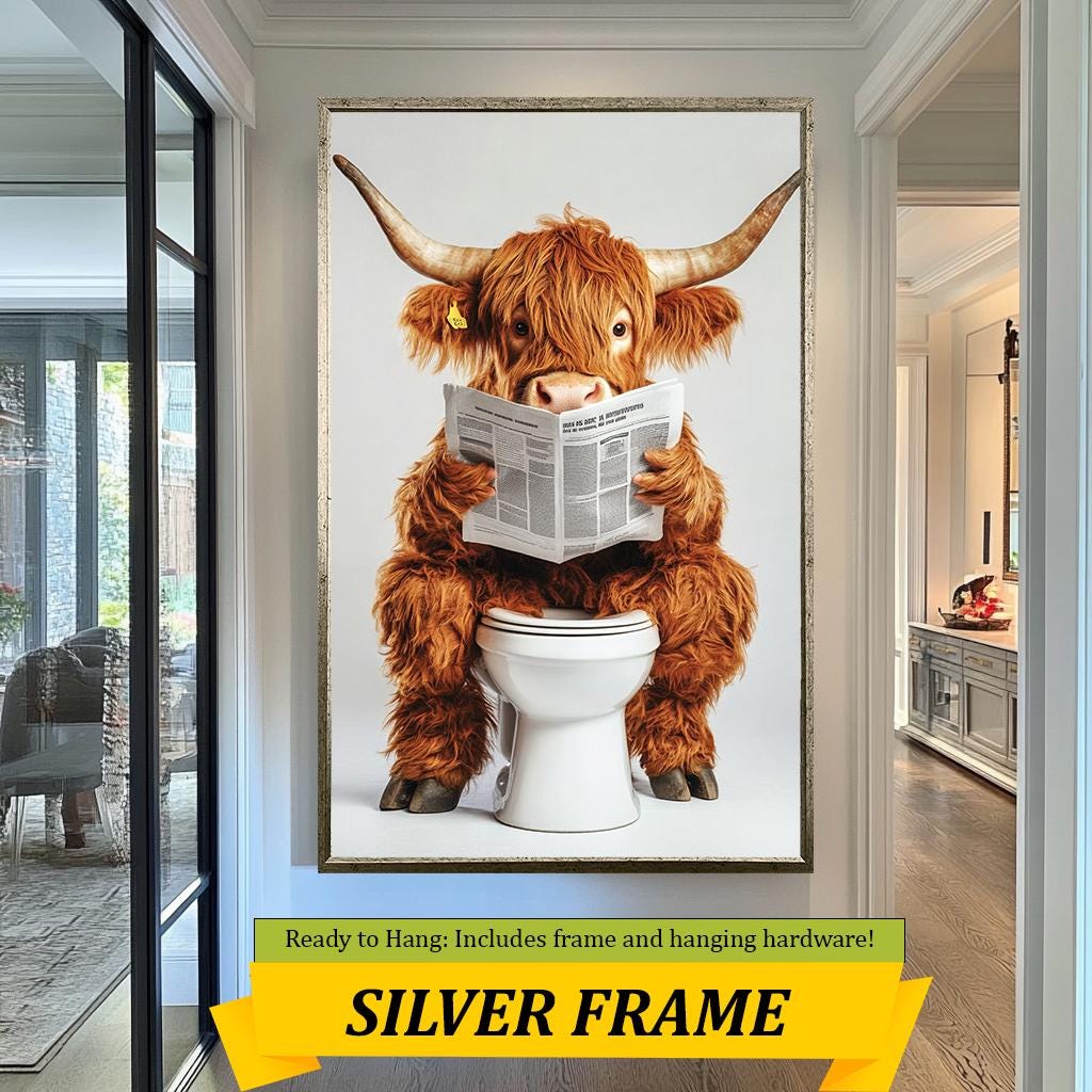 Funny Highland Cow Bathroom Art, Quirky Cow on Toilet Print, Whimsical Animal Wall Decor, Farmhouse Bathroom Humor Artwork