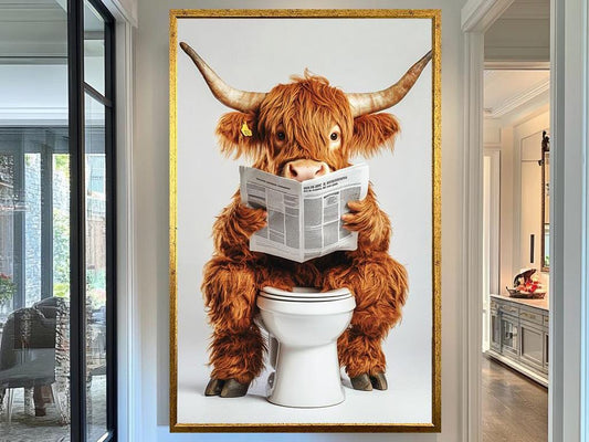 Funny Highland Cow Bathroom Art, Quirky Cow on Toilet Print, Whimsical Animal Wall Decor, Farmhouse Bathroom Humor Artwork