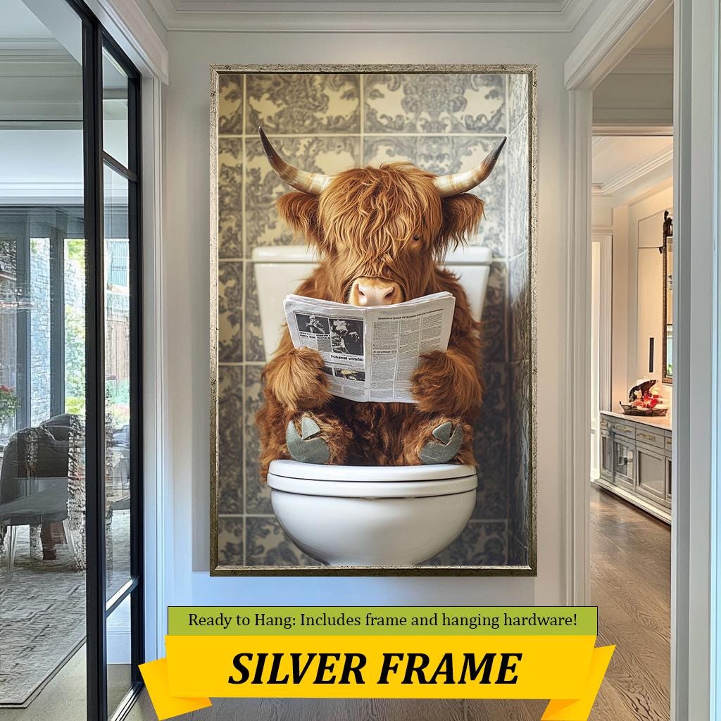 Funny Highland Cow Bathroom Wall Art, Whimsical Animal Reading Print, Quirky Farmhouse Humor Decor, Unique Toilet Artwork