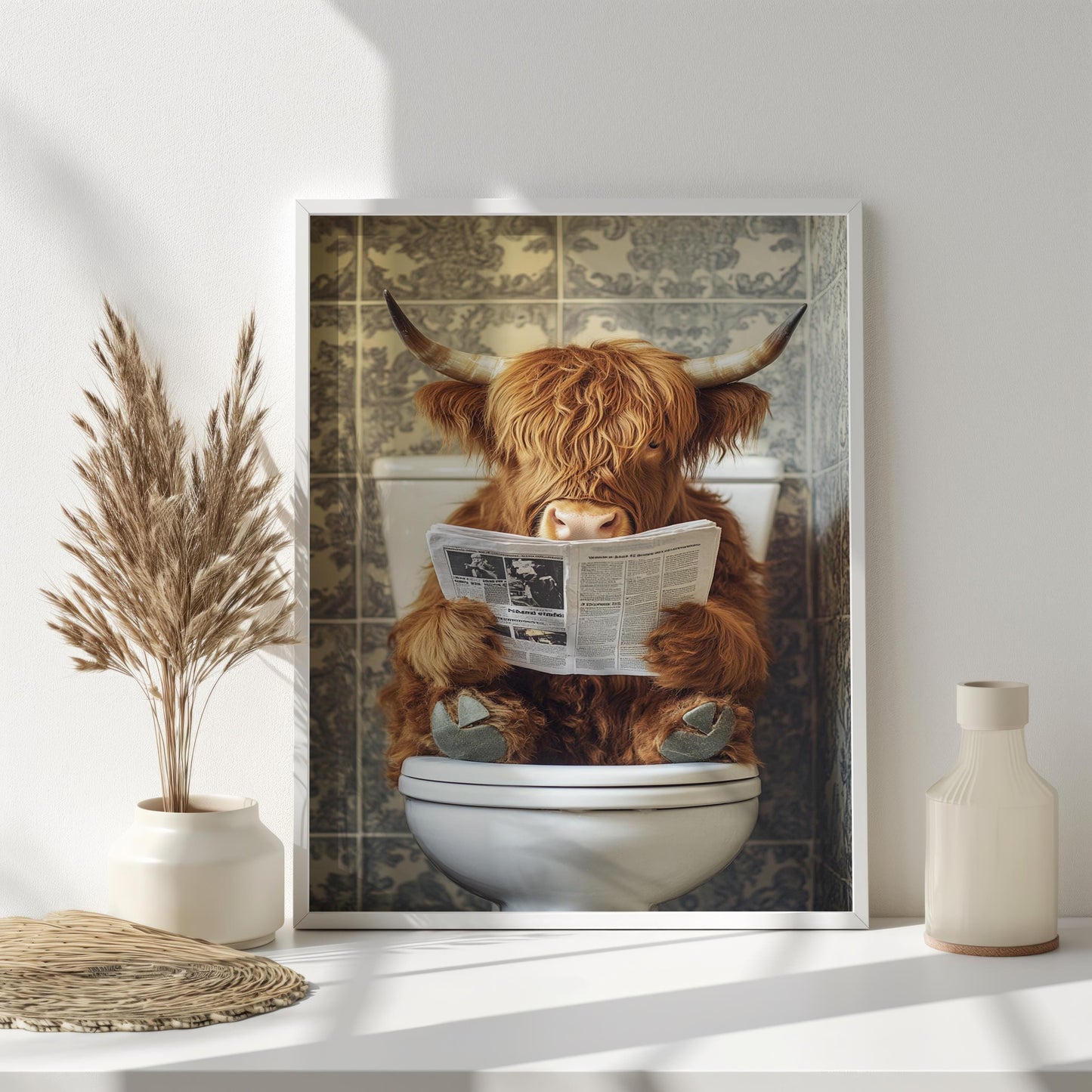 Funny Highland Cow Bathroom Wall Art, Whimsical Animal Reading Print, Quirky Farmhouse Humor Decor, Unique Toilet Artwork