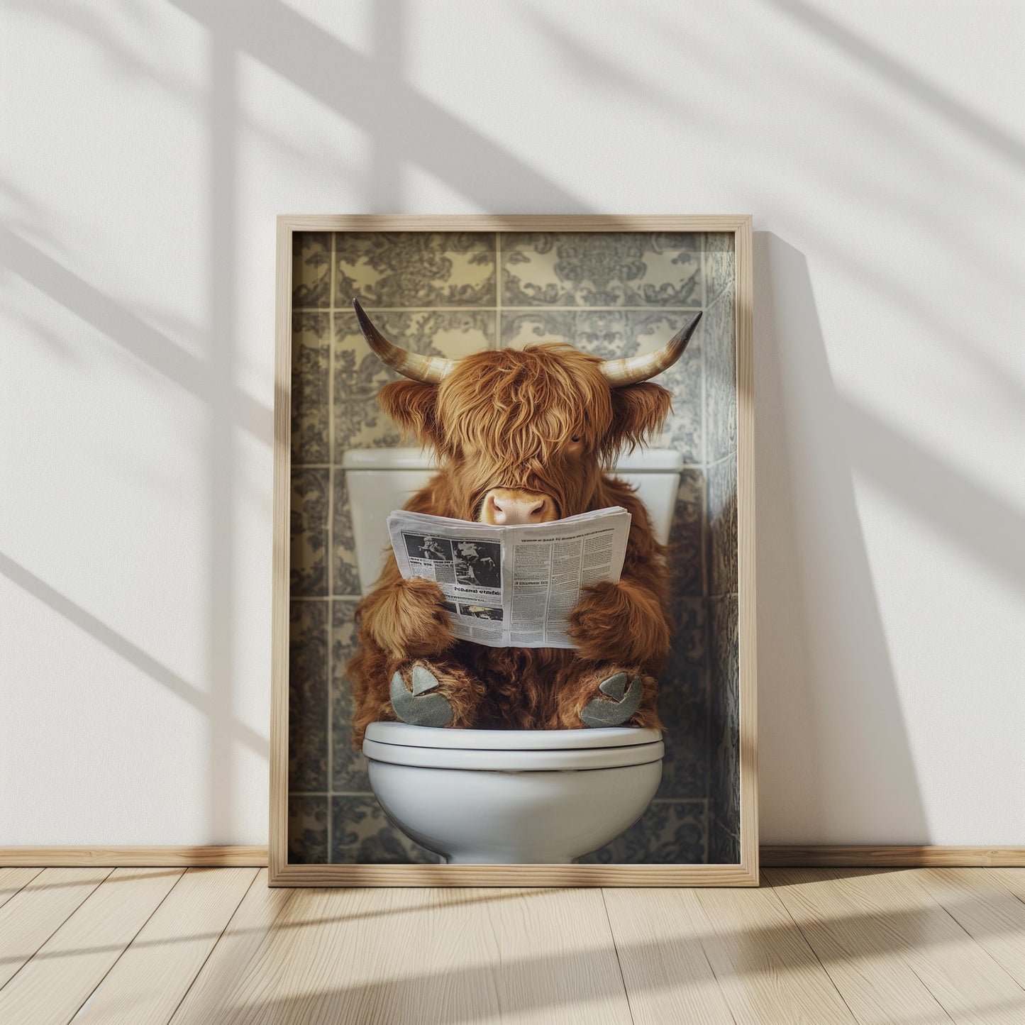 Funny Highland Cow Bathroom Wall Art, Whimsical Animal Reading Print, Quirky Farmhouse Humor Decor, Unique Toilet Artwork