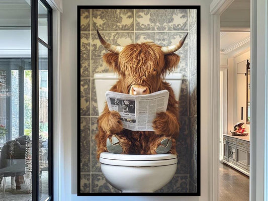 Funny Highland Cow Bathroom Wall Art, Whimsical Animal Reading Print, Quirky Farmhouse Humor Decor, Unique Toilet Artwork