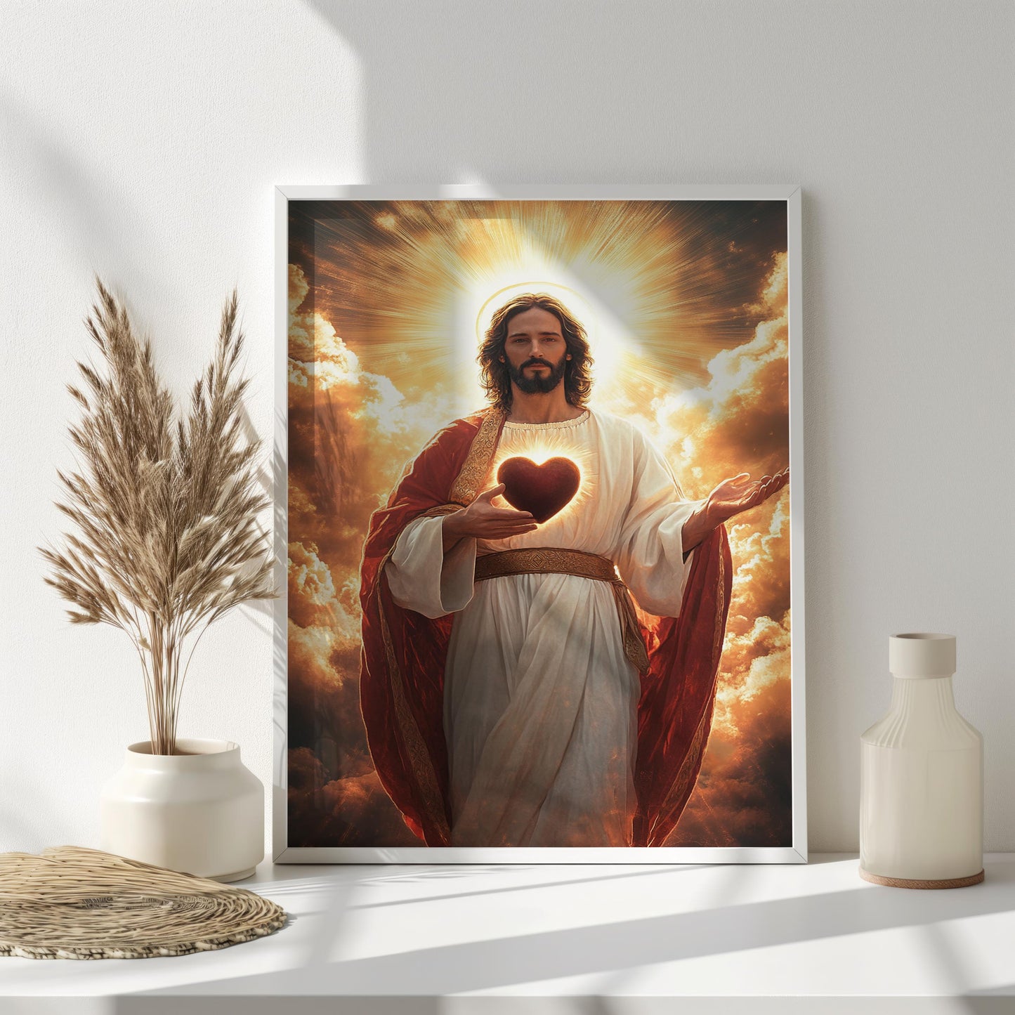 Sacred Heart of Jesus Art Print, Inspirational Christian Wall Decor, Radiant Savior with Glowing Heart, Religious Spiritual Artwork