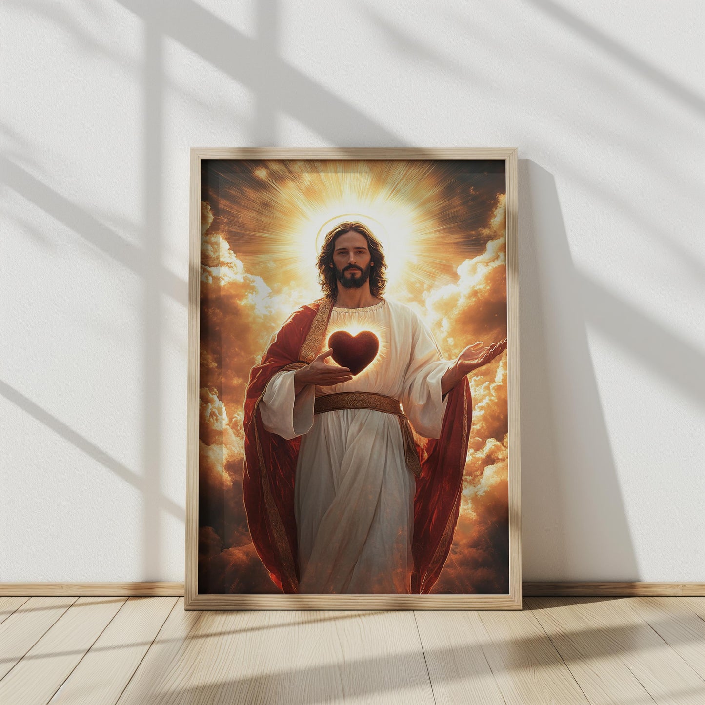 Sacred Heart of Jesus Art Print, Inspirational Christian Wall Decor, Radiant Savior with Glowing Heart, Religious Spiritual Artwork