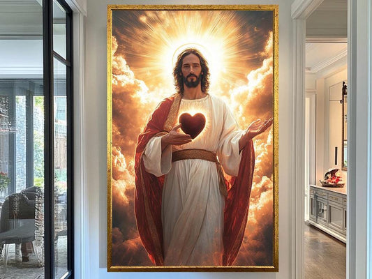 Sacred Heart of Jesus Art Print, Inspirational Christian Wall Decor, Radiant Savior with Glowing Heart, Religious Spiritual Artwork