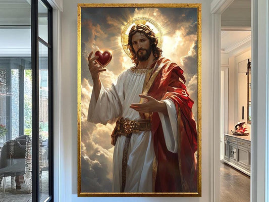 Sacred Heart of Jesus Artwork, Inspirational Christian Wall Art, Divine Savior Holding Heart, Radiant Religious Spiritual Decor