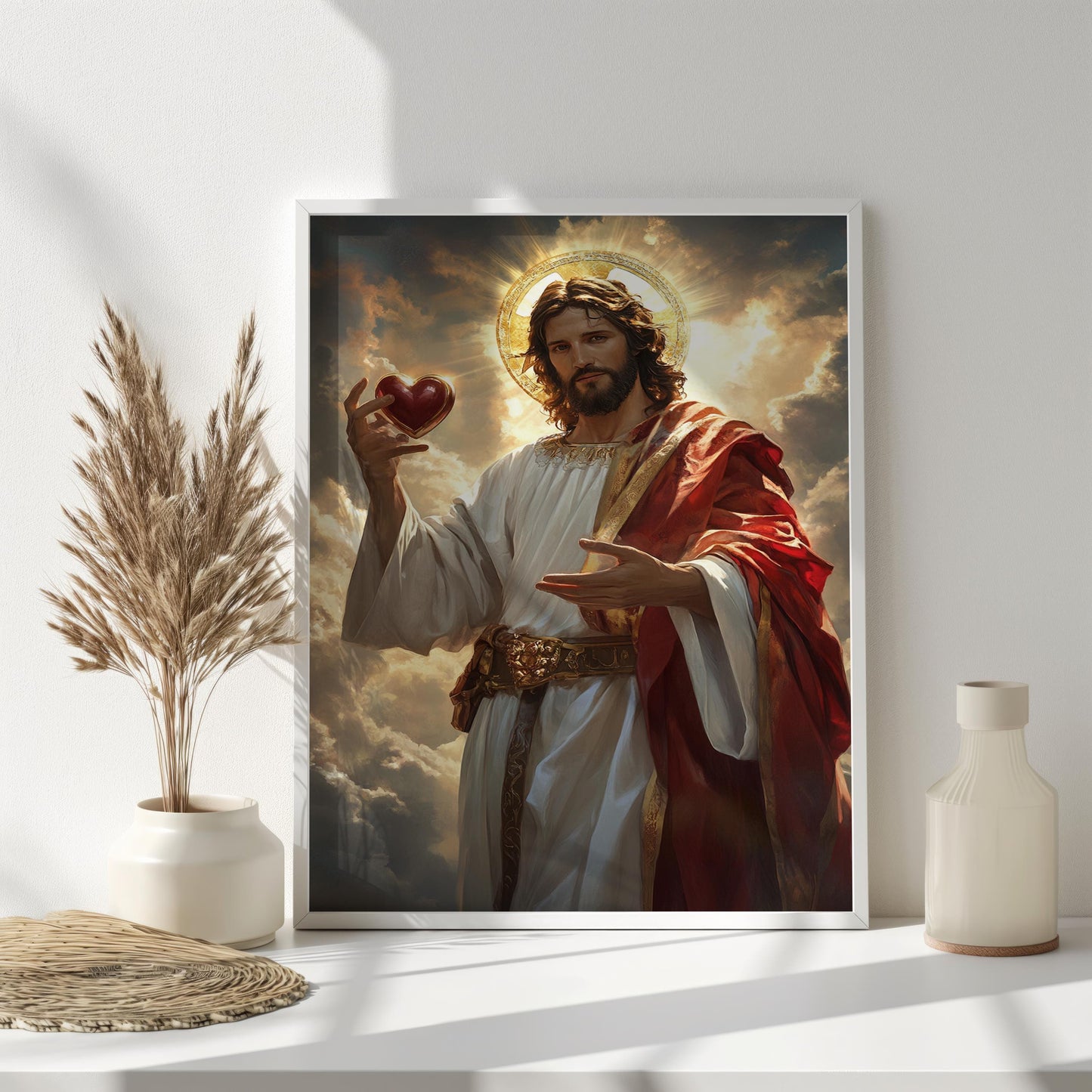 Sacred Heart of Jesus Artwork, Inspirational Christian Wall Art, Divine Savior Holding Heart, Radiant Religious Spiritual Decor