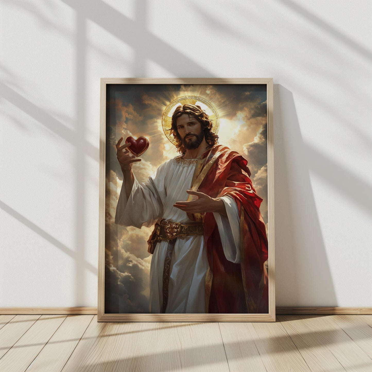 Sacred Heart of Jesus Artwork, Inspirational Christian Wall Art, Divine Savior Holding Heart, Radiant Religious Spiritual Decor