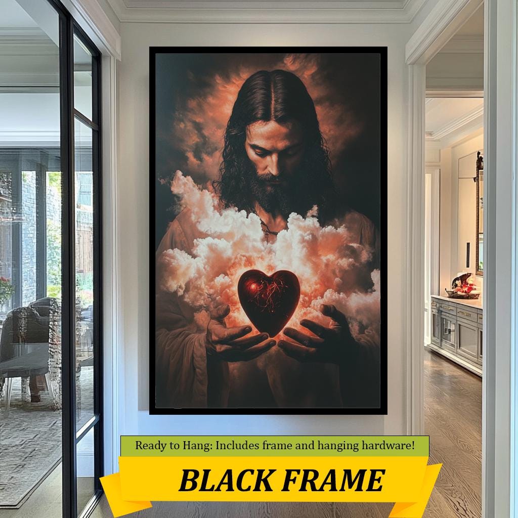 Sacred Heart of Jesus Art Print, Divine Christian Wall Decor, Spiritual Savior with Glowing Heart, Dramatic Religious Artwork