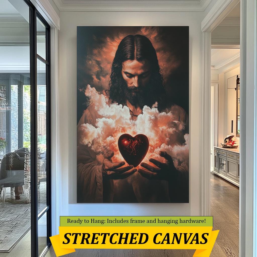 Sacred Heart of Jesus Art Print, Divine Christian Wall Decor, Spiritual Savior with Glowing Heart, Dramatic Religious Artwork