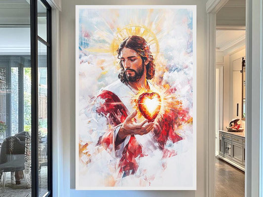 Sacred Heart of Jesus Art Print, Modern Christian Wall Decor, Inspirational Savior Painting, Glowing Divine Heart Artwork