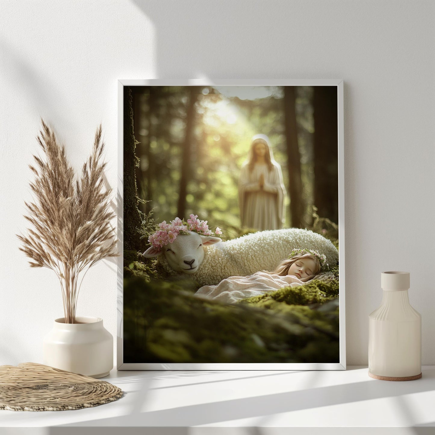 Enchanting Sleeping Child with Lamb Photo, Forest Dream Scene, Floral Crown, Sheep Prints , Nursery Wall Decor, Gift for Nature Lovers