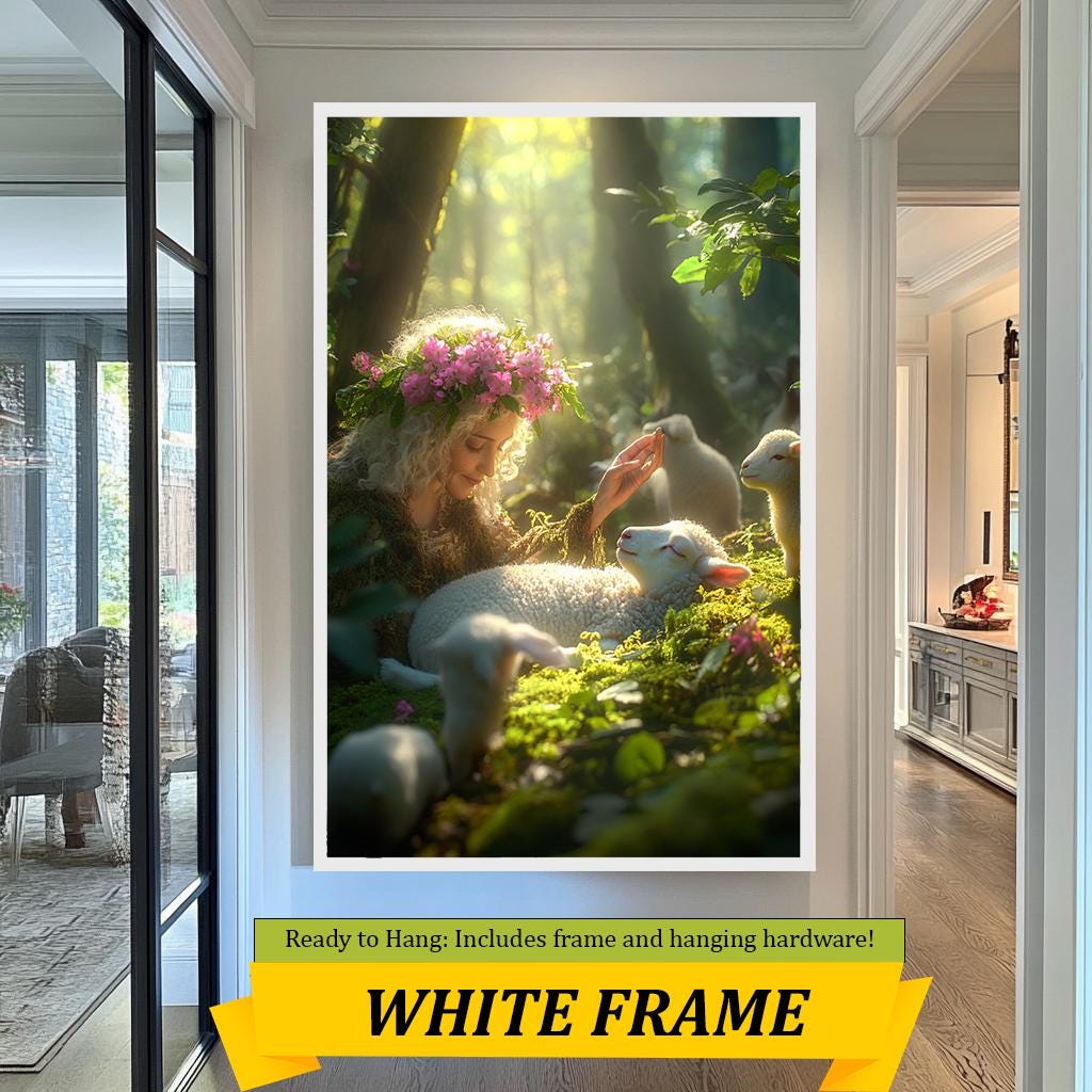 Enchanted Forest Wall Art | Woman with Lamb Print | Nature Art | Flower Crown Woodland Art, Fairy Tale Home Decor | Nursery Print