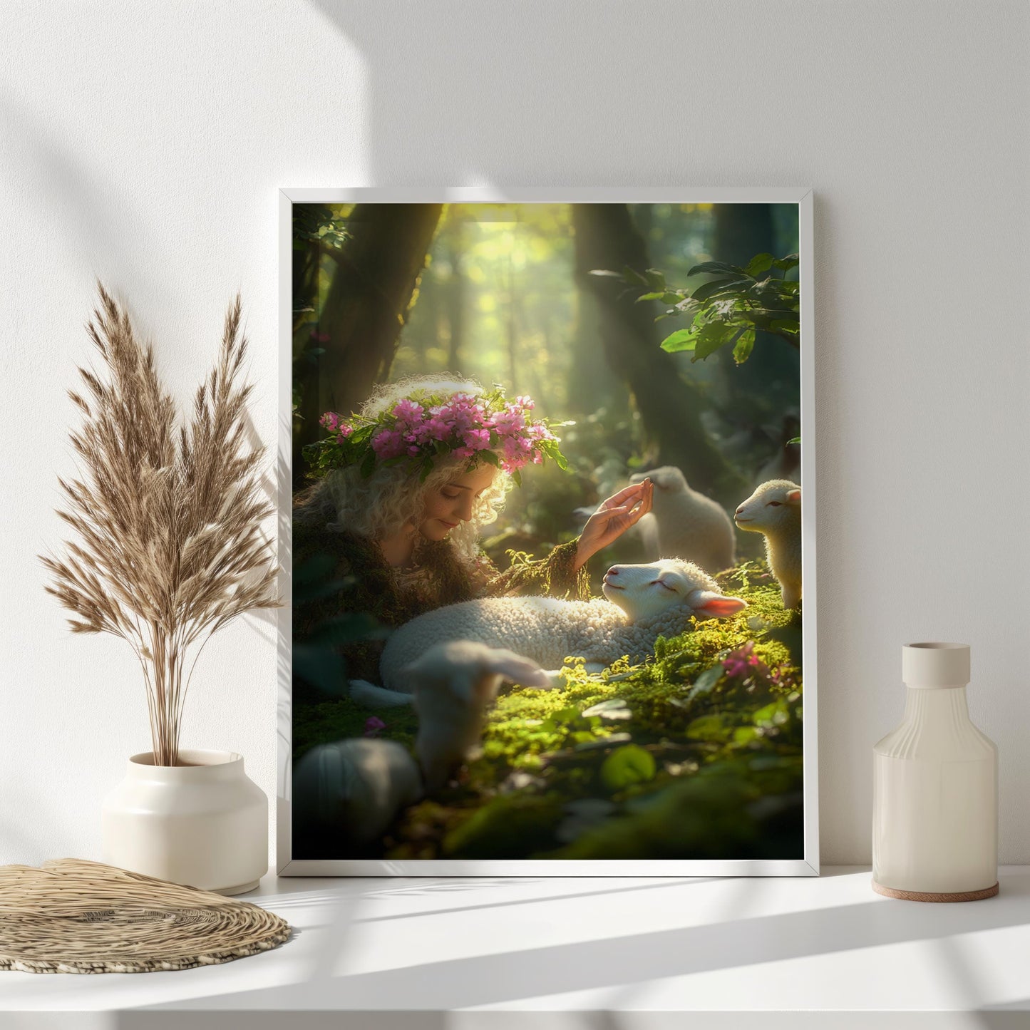 Enchanted Forest Wall Art | Woman with Lamb Print | Nature Art | Flower Crown Woodland Art, Fairy Tale Home Decor | Nursery Print