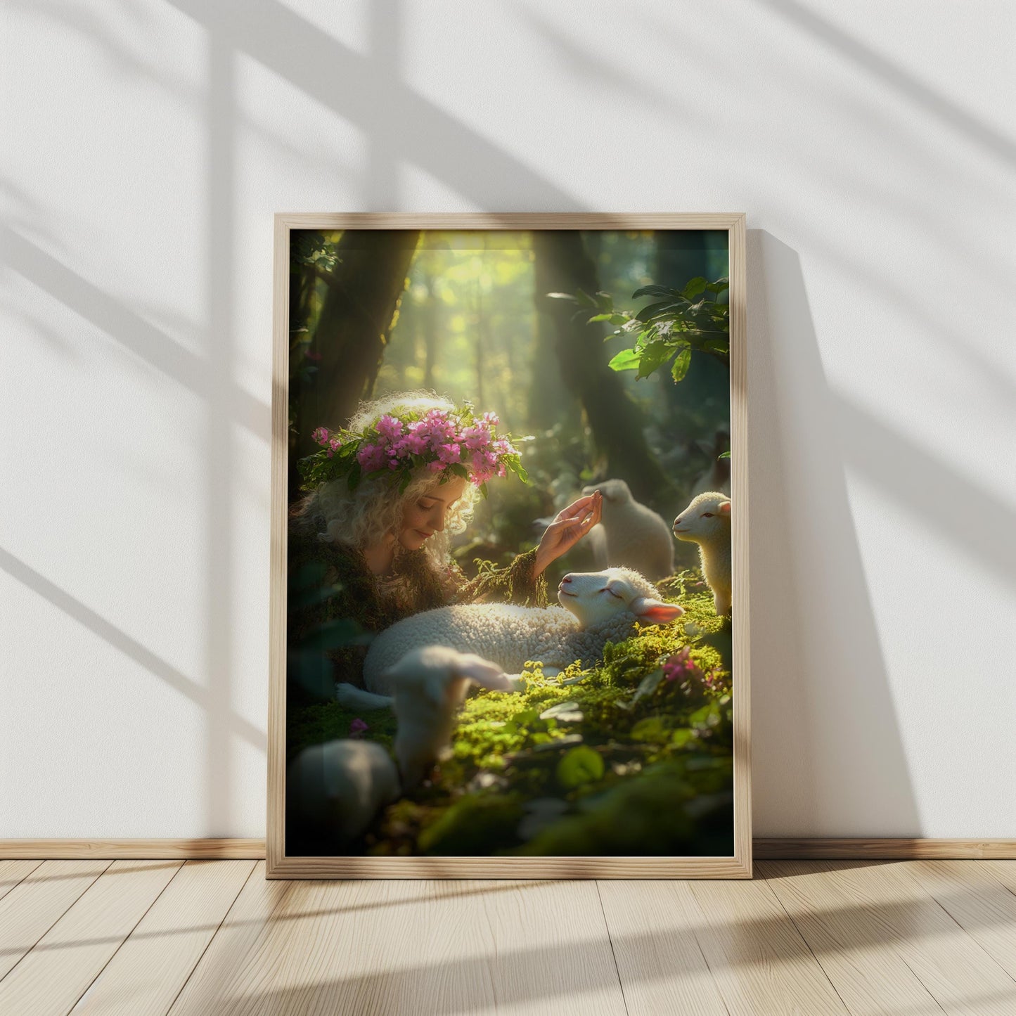 Enchanted Forest Wall Art | Woman with Lamb Print | Nature Art | Flower Crown Woodland Art, Fairy Tale Home Decor | Nursery Print