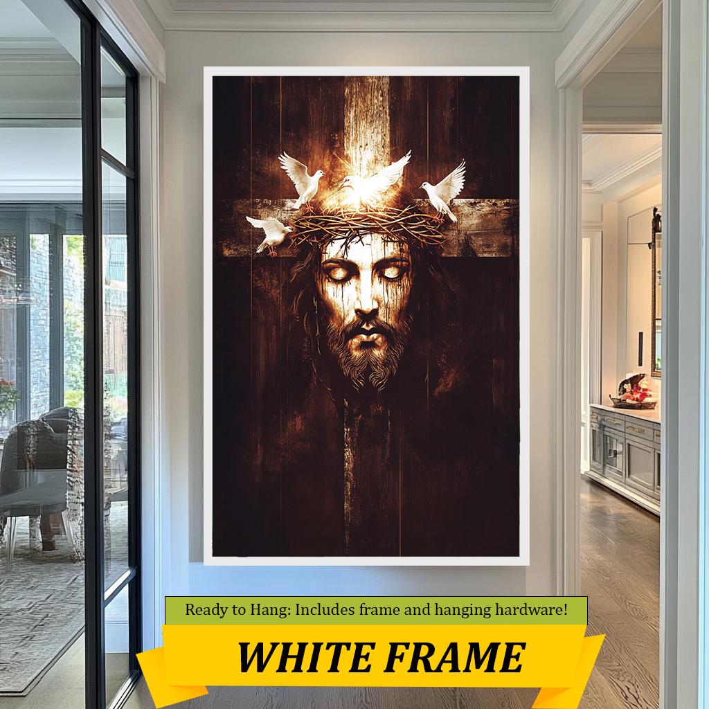 Jesus Crown of Thorns Art, Cross and Doves Spiritual Wall Decor, Christian Fine Art Print, Religious Gift, Religious Home & Prayer Room Art