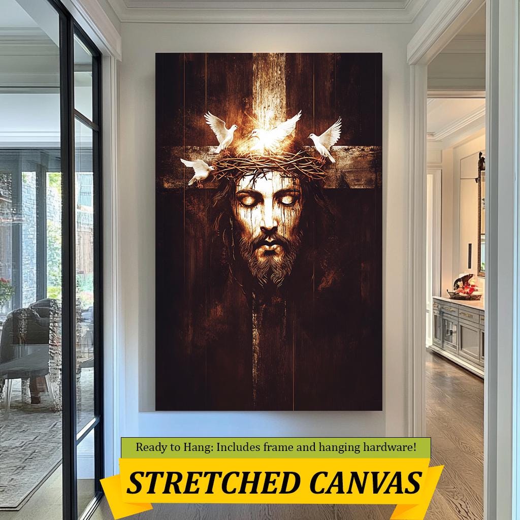 Jesus Crown of Thorns Art, Cross and Doves Spiritual Wall Decor, Christian Fine Art Print, Religious Gift, Religious Home & Prayer Room Art