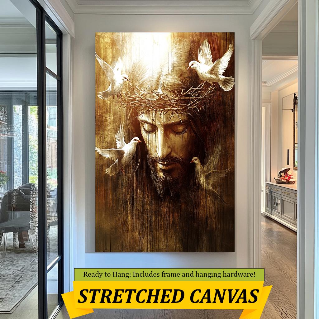 Jesus Crown of Thorns Art, Spiritual Christian Wall Decor, Peaceful Savior with Doves, Religious Fine Art Print, Faith-Inspired Home Gift