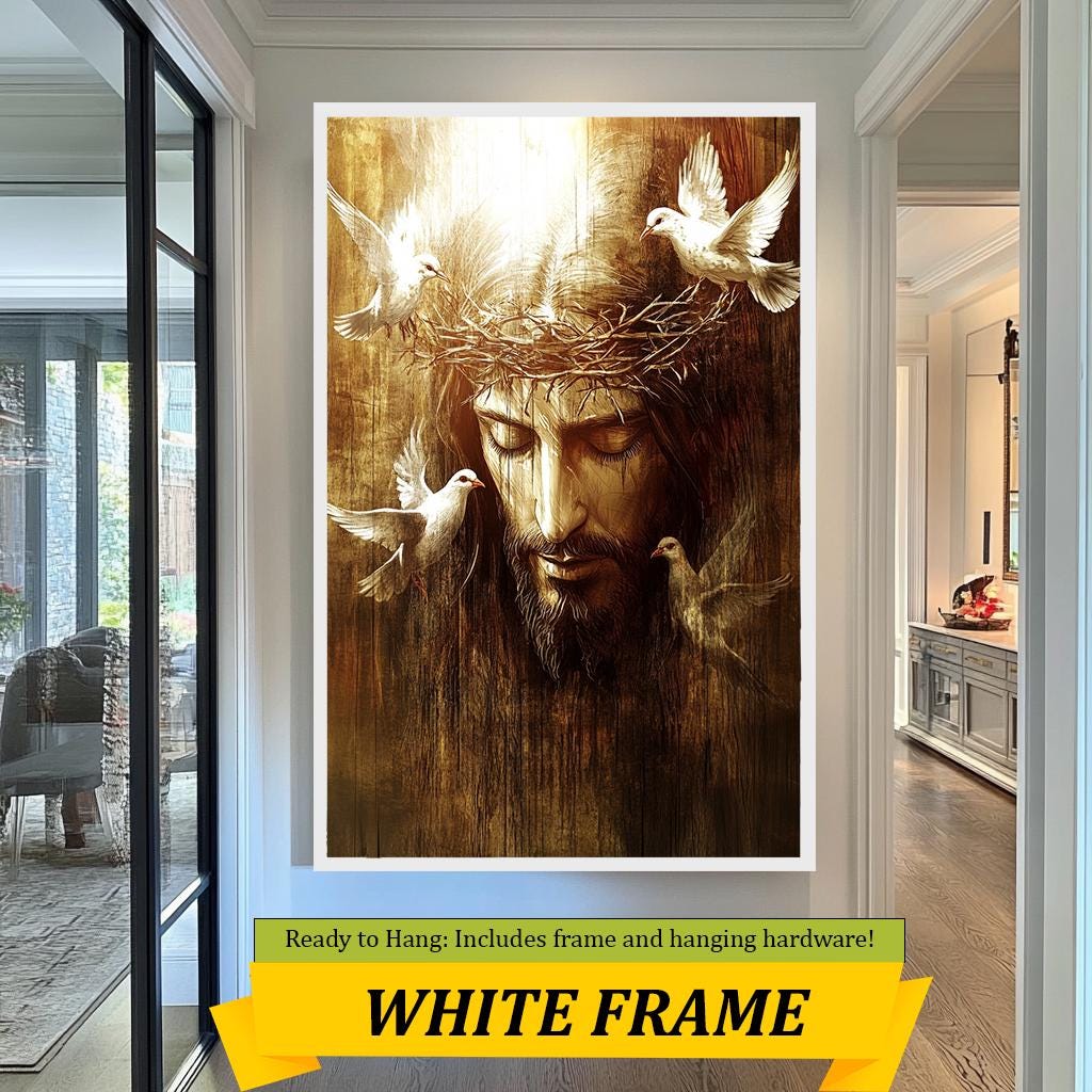 Jesus Crown of Thorns Art, Spiritual Christian Wall Decor, Peaceful Savior with Doves, Religious Fine Art Print, Faith-Inspired Home Gift