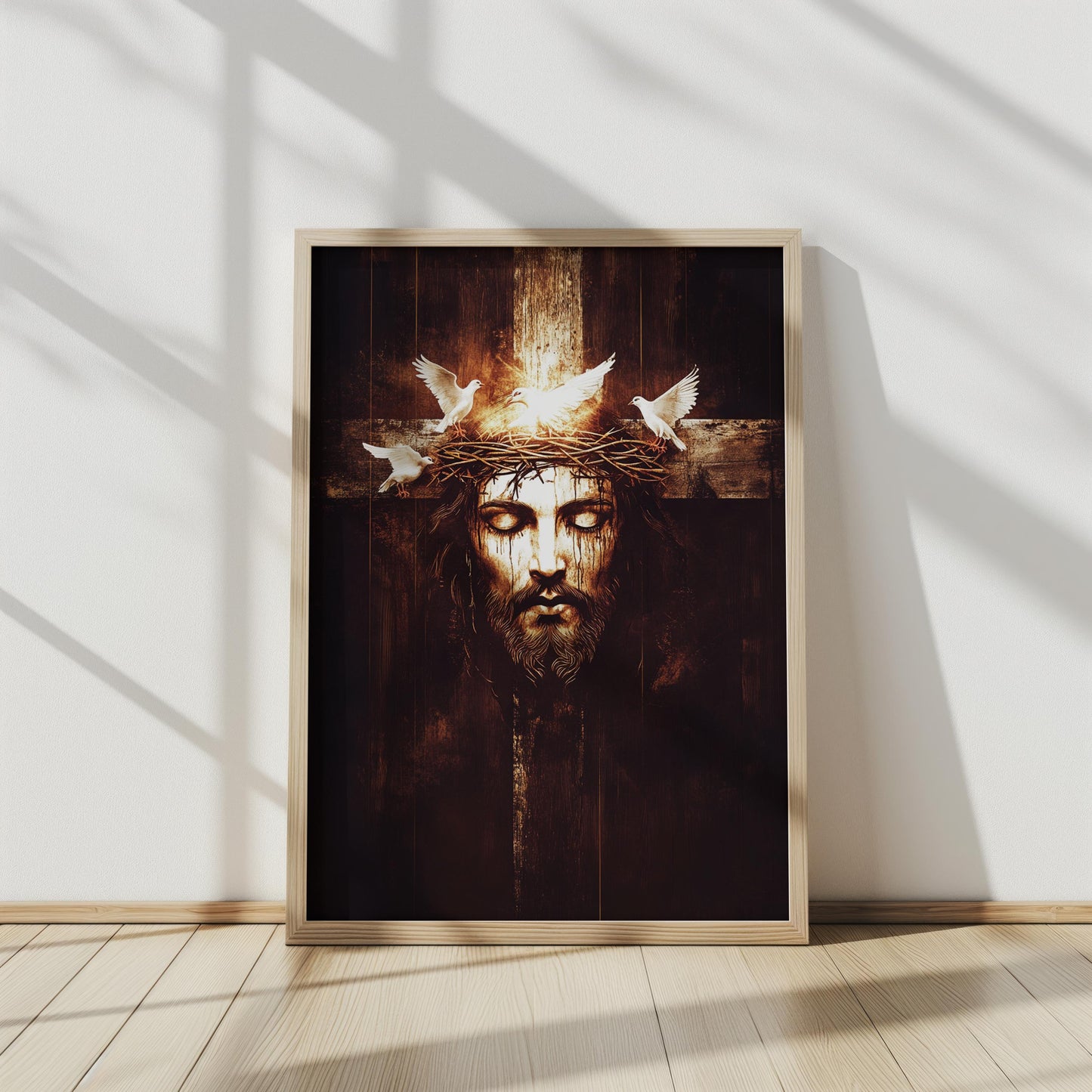 Jesus Crown of Thorns Art, Cross and Doves Spiritual Wall Decor, Christian Fine Art Print, Religious Gift, Religious Home & Prayer Room Art