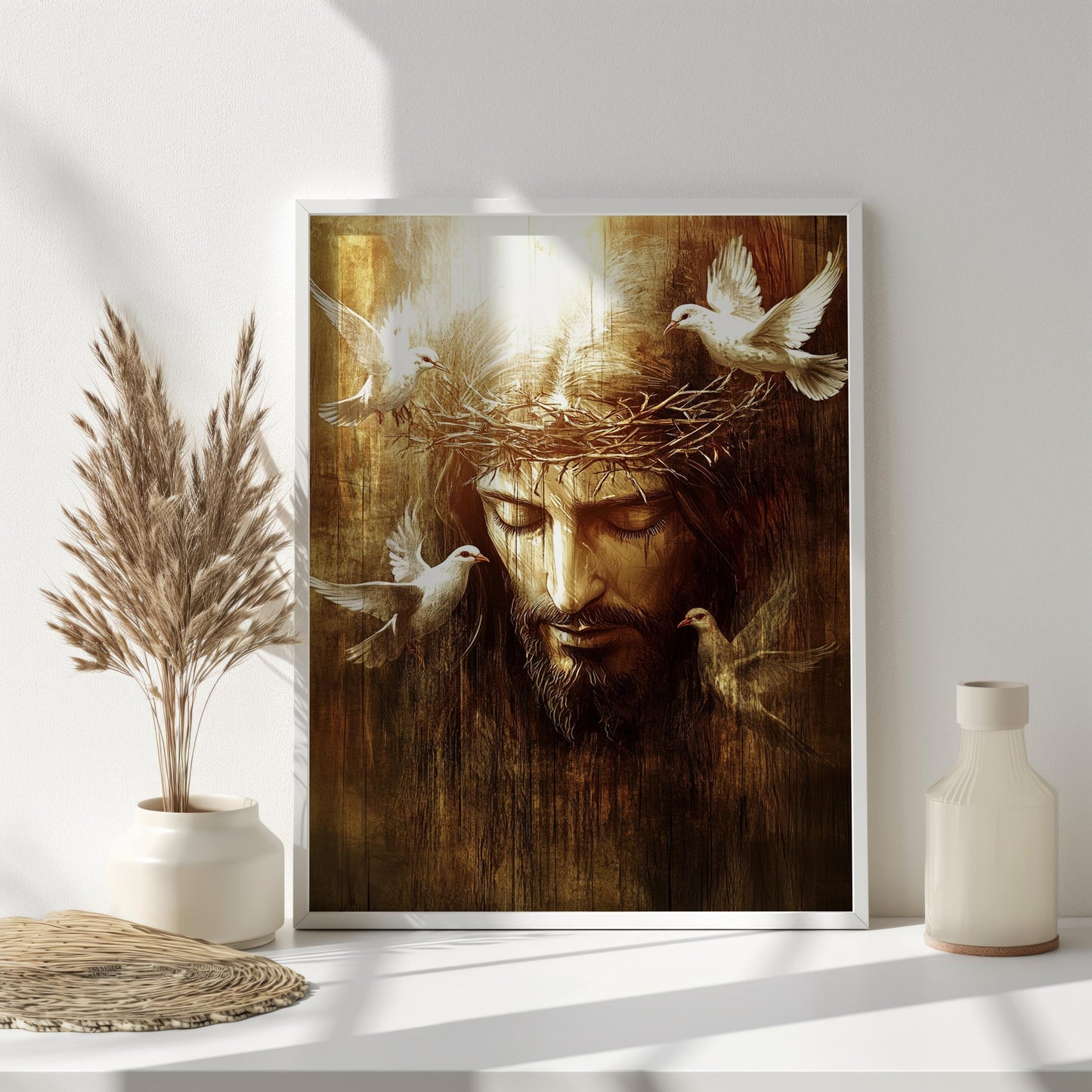 Jesus Crown of Thorns Art, Spiritual Christian Wall Decor, Peaceful Savior with Doves, Religious Fine Art Print, Faith-Inspired Home Gift