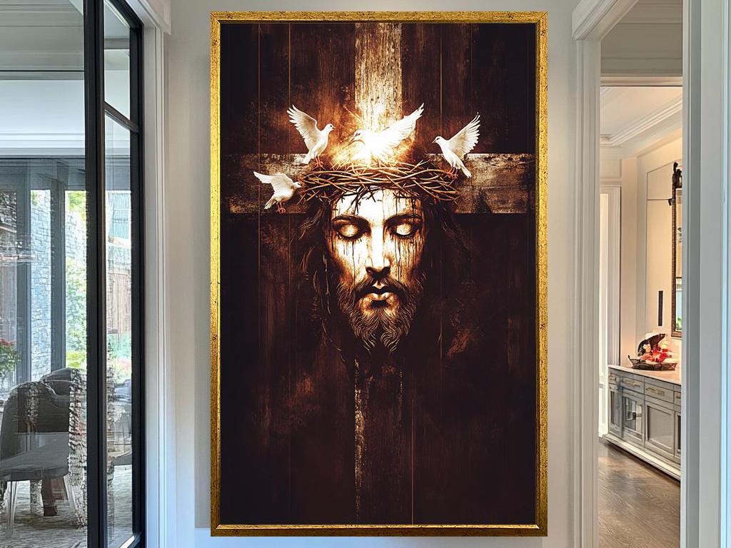 Jesus Crown of Thorns Art, Cross and Doves Spiritual Wall Decor, Christian Fine Art Print, Religious Gift, Religious Home & Prayer Room Art