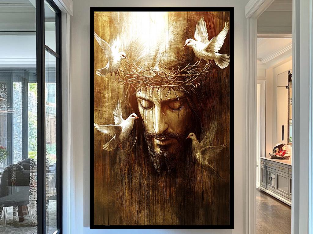 Jesus Crown of Thorns Art, Spiritual Christian Wall Decor, Peaceful Savior with Doves, Religious Fine Art Print, Faith-Inspired Home Gift