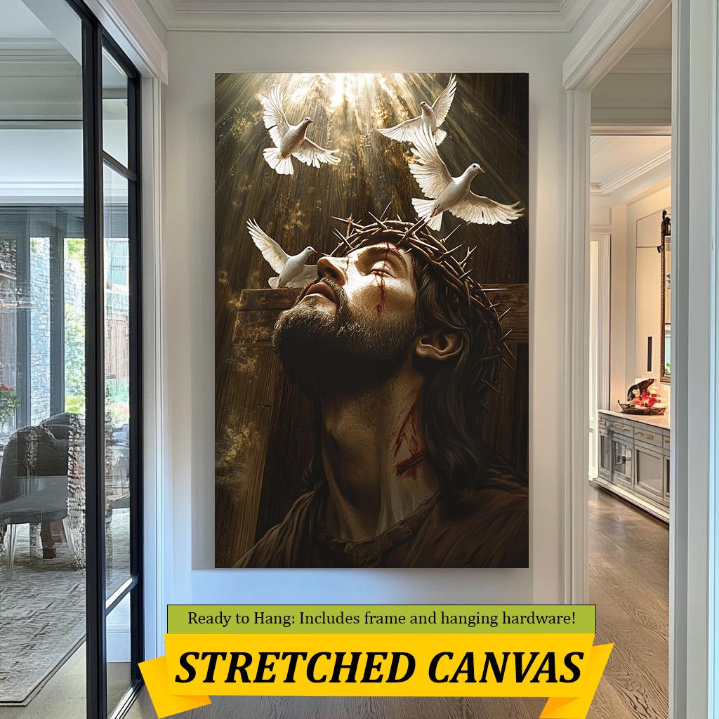 Jesus Christ Crown of Thorns Art, Spiritual Wall Decor with Doves, Sacrifice and Redemption Print, Christian Religious Artwork for Home