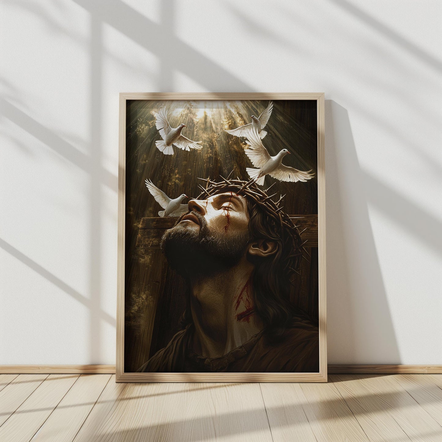 Jesus Christ Crown of Thorns Art, Spiritual Wall Decor with Doves, Sacrifice and Redemption Print, Christian Religious Artwork for Home