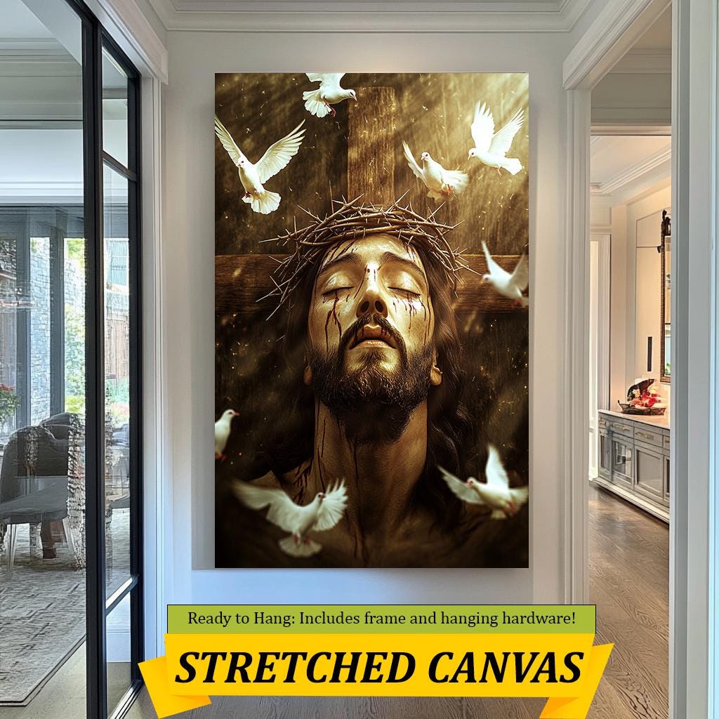 Jesus Christ Crown of Thorns Art, Spiritual Savior with Doves, Christian Wall Decor, Symbolic Religious Print, Faith and Redemption Artwork